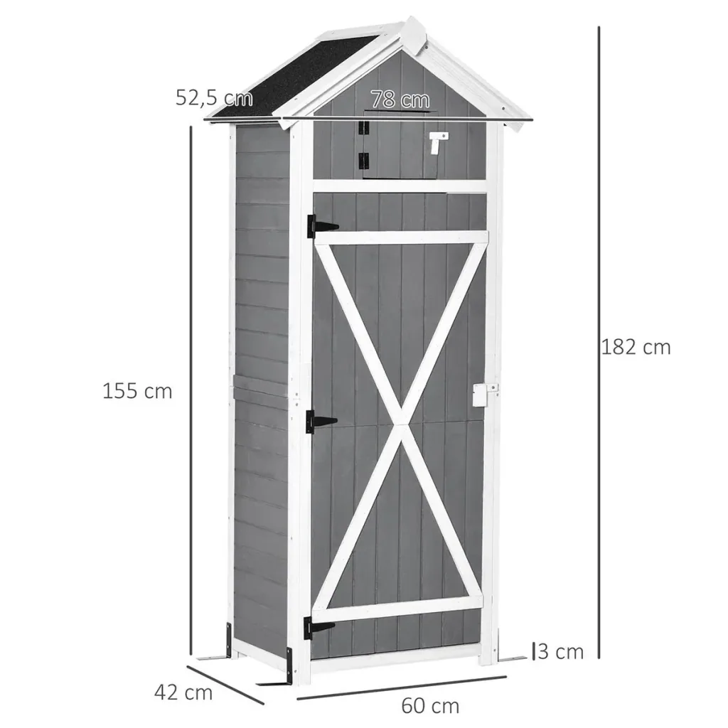 Gartenschrank Holz Gerätehaus mit Tür Dach Geräteschuppen mit Hacken Gartenlagerschrank faltbarer Tisch Outdoor Grau 78
