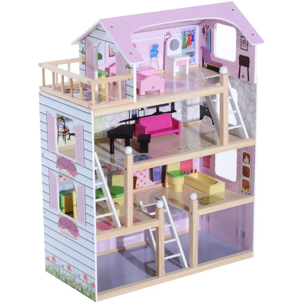 Puppenhaus 4 Etagen mit Möbeln Holz L60 x W30 x H80cm