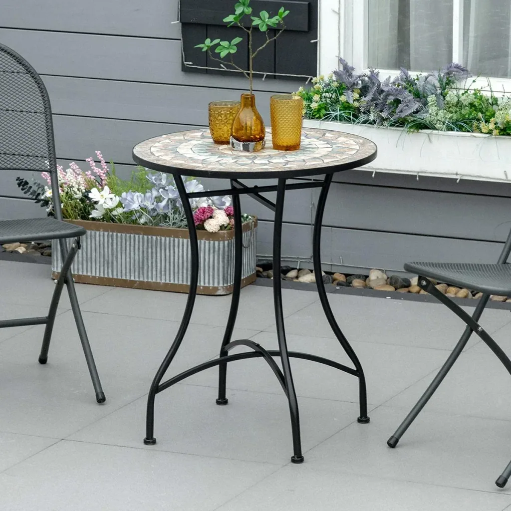 Bistro-Gartentisch in Mosaikoptik, Keramik+Metall, grün+beige+weiß, 60 x 71 cm