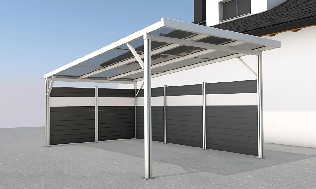 Seitenwand für Carports, weiß, 5,82 x 1,86 m, WPC Dielen dunkelgrau / PC Paneele klar