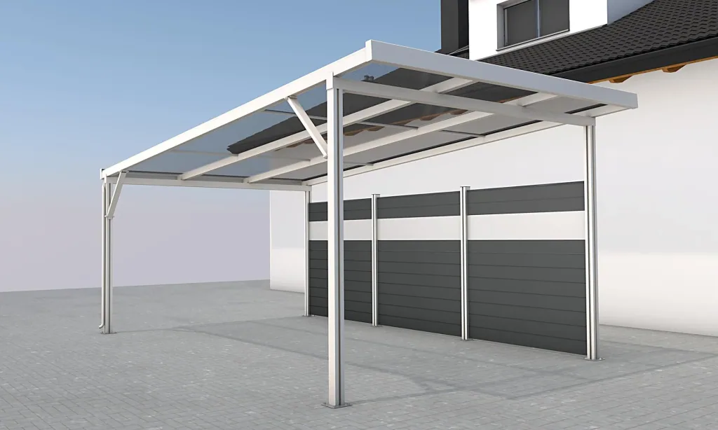 Seitenwand für Carports, weiß, 5,82 x 1,86 m, WPC Dielen dunkelgrau / PC Paneele klar