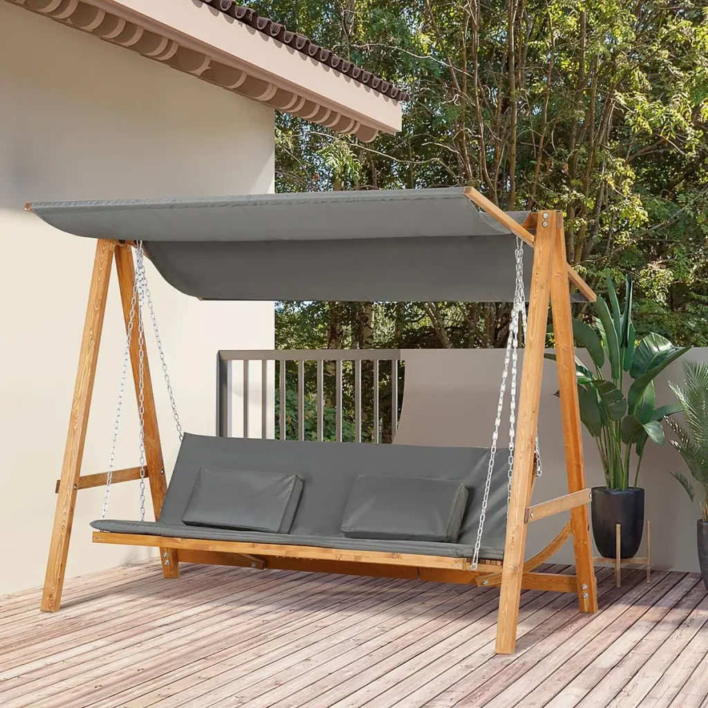 Gartenschaukel für 3 Personen, klappbar zum Doppelbett, grau+teak, 225,5 x 113 x 180 cm