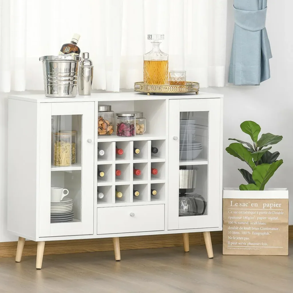 Küchenschrank Sideboard küchenmöbel mit Glastüren Schublade und 12-Flaschen Weinregal für Wohnzimmer und Küche Spanplat