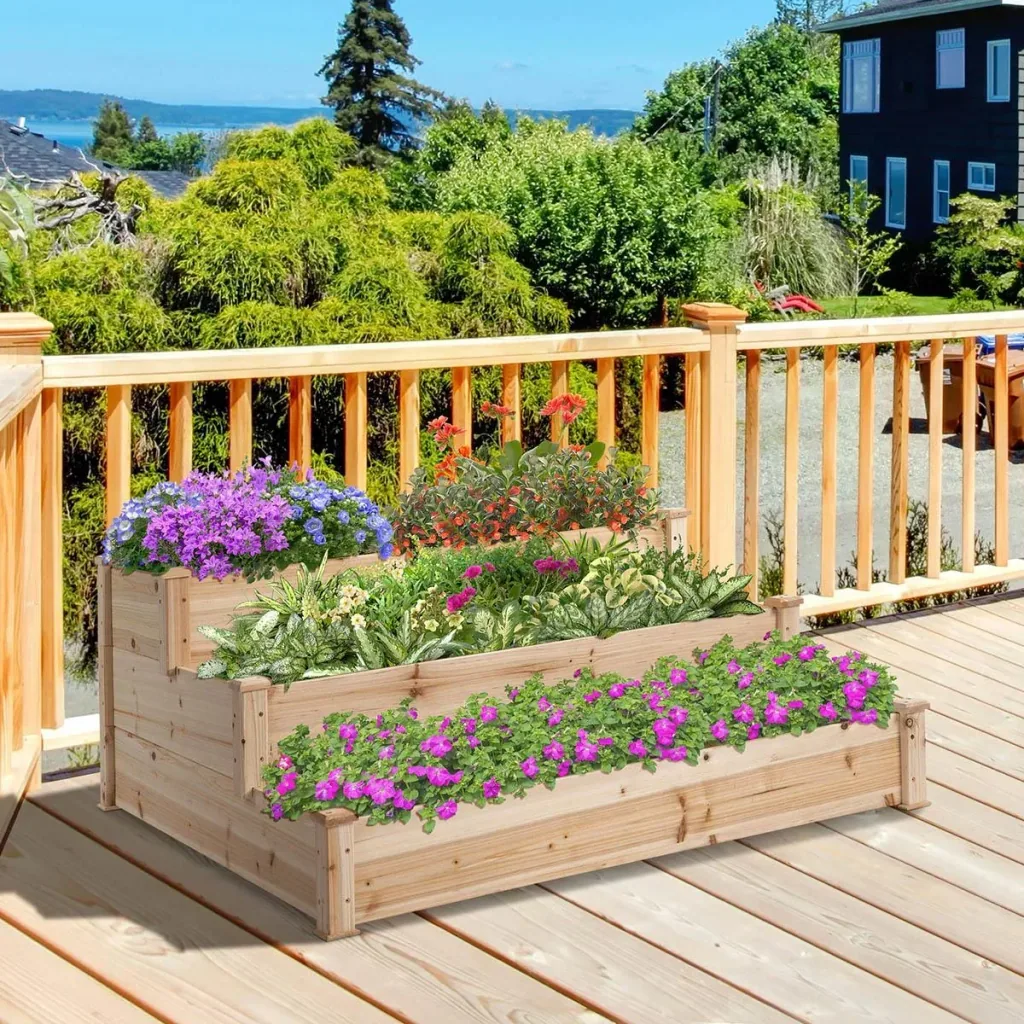 Hochbeet 3-stufige Gartenbeet Pflanzenbeet Kräuterbeet Blumentreppe für Balkon Garten Natur Tannenholz 124 x 124 x 56 c