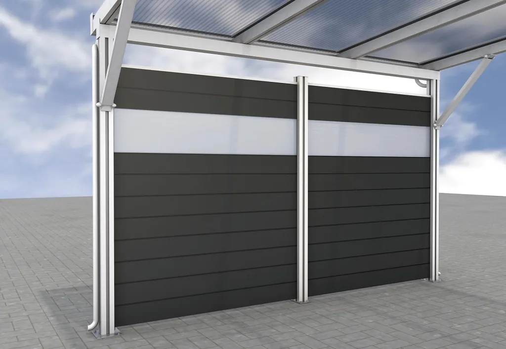 Seitenwand für Carports, weiß, 2,96 x 1,86 m, WPC Dielen dunkelgrau / PC Paneele klar