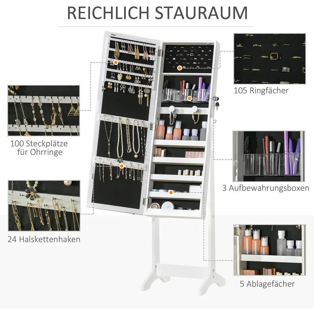 Schmuckschrank mit LED Spiegelschrank Schmuckregal Schmuckorganizer Standspiegel mit 4 Ablagen 46 x 36,5 x 151,5 cm