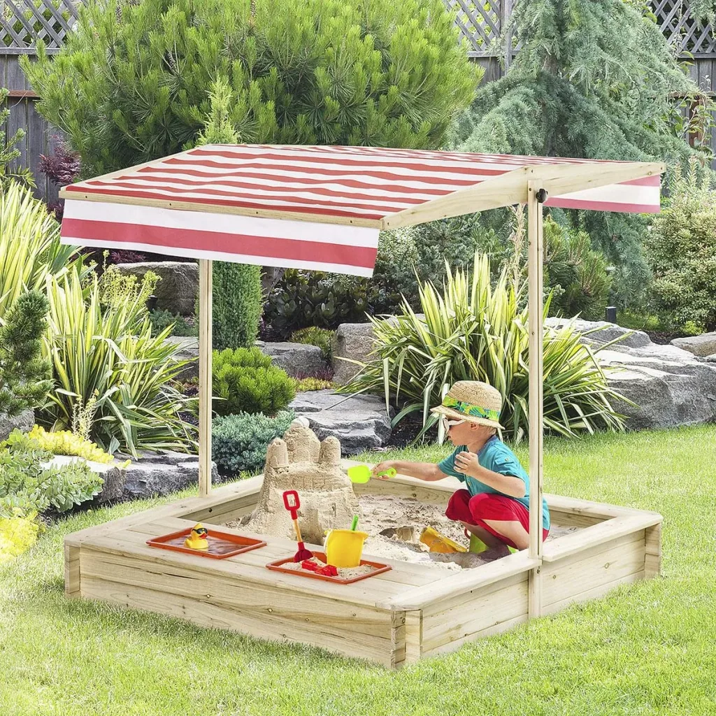 Sandkasten Holz Bodenloses Design mit absenkbarem und schwenkbarem Dach für 3-8 Jahre Kinder Natur 118 x 118 x 118 cm