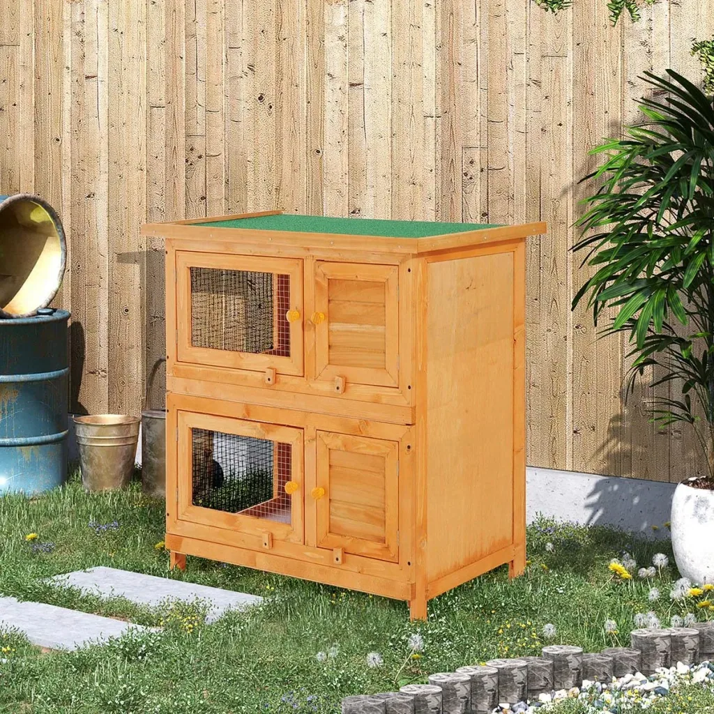 Zwergkaninchenstall doppelstöckig Kaninchenkäfig Kleintierstall Tierstall Outdoor Holz Gelb 90 x 45 x 90 cm