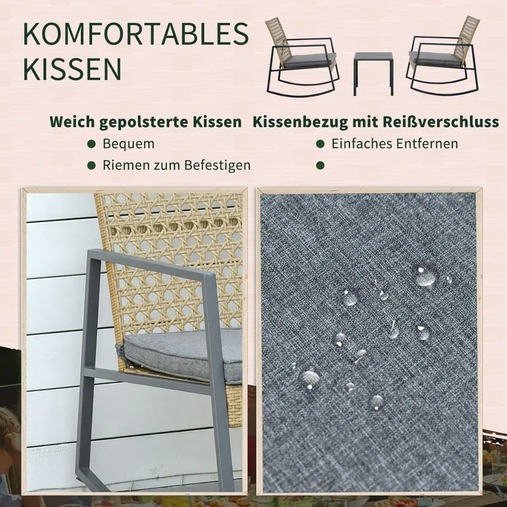 Rattan-Schaukelstuhl 3 teilige Bistroset 2 Stühle 1 Tisch mit Kissen Stahl für Gärten Terrassen Außenbereich Terrassenmö
