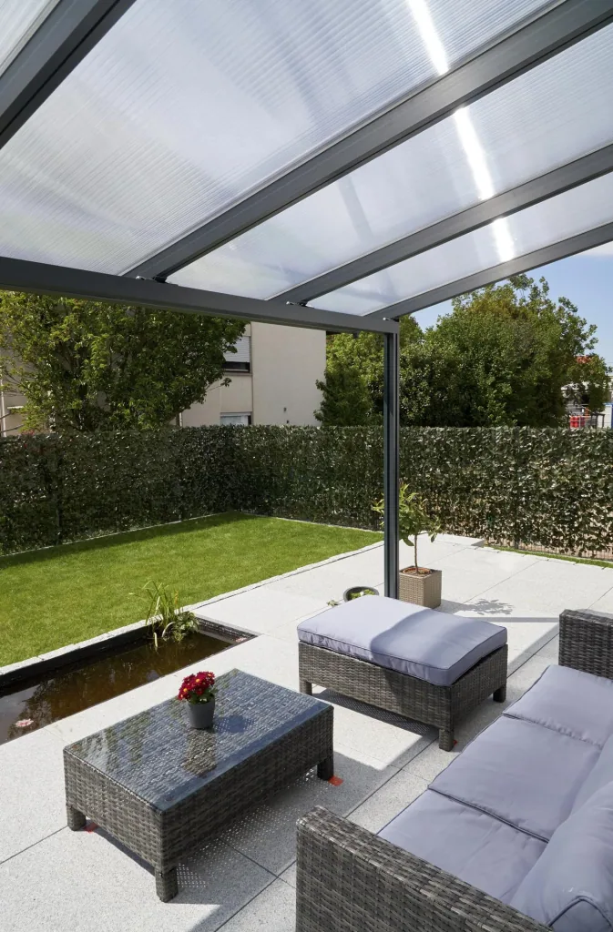 Terrassendach Premium, anthrazit, 4102 x 4060 mm - Polycarbonat Stegplatten 16 mm, klar
