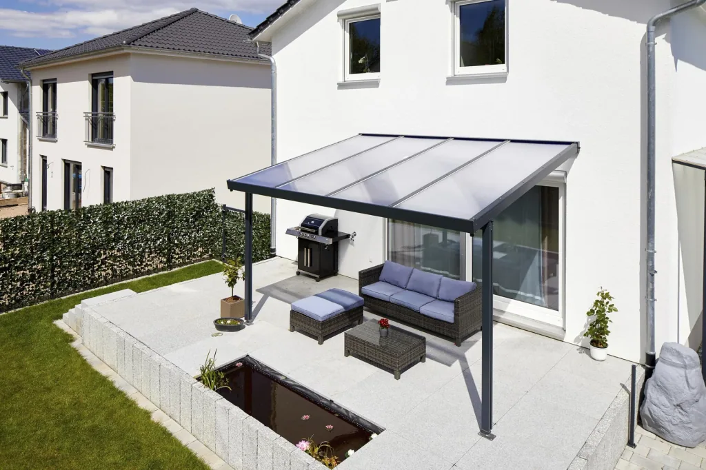 Terrassendach Premium, anthrazit, 4102 x 4060 mm - Polycarbonat Stegplatten 16 mm, klar