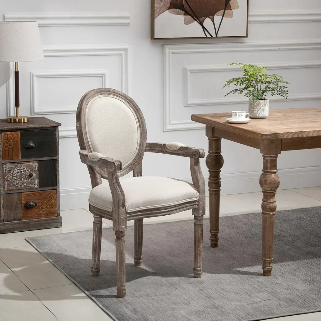 Esszimmerstuhl Retro-Design Küchenstuhl mit Armlehnen Polsterstuhl für Wohnzimmer Gummiholz Cremeweiß+ helle Holzfarbe 5