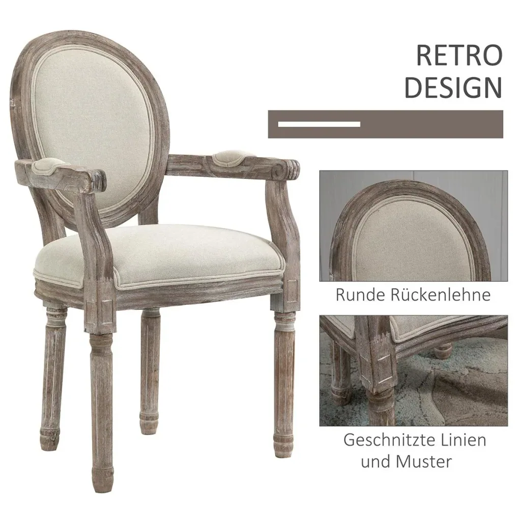 Esszimmerstuhl Retro-Design Küchenstuhl mit Armlehnen Polsterstuhl für Wohnzimmer Gummiholz Cremeweiß+ helle Holzfarbe 5