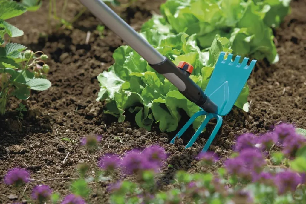 Combisystem-Gartenhacke, gerades Blatt, 3 Zinken, Arbeitsbreite 9 cm