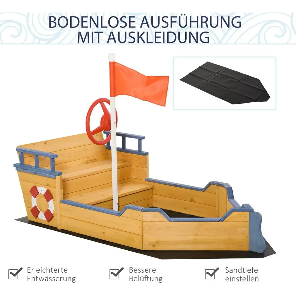 Holzspielboot für Kinder mit Sandkasten naur, blau