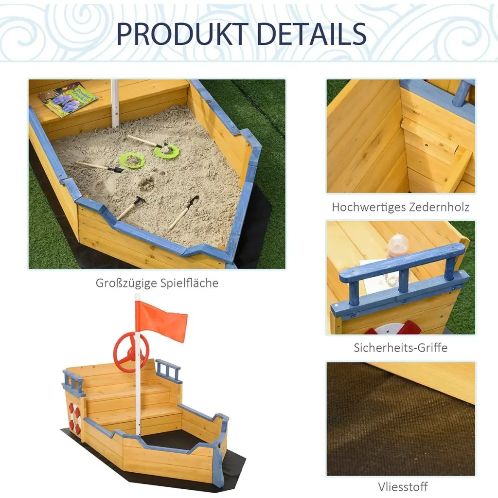 Holzspielboot für Kinder mit Sandkasten naur, blau