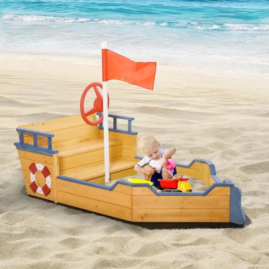 Holzspielboot für Kinder mit Sandkasten naur, blau