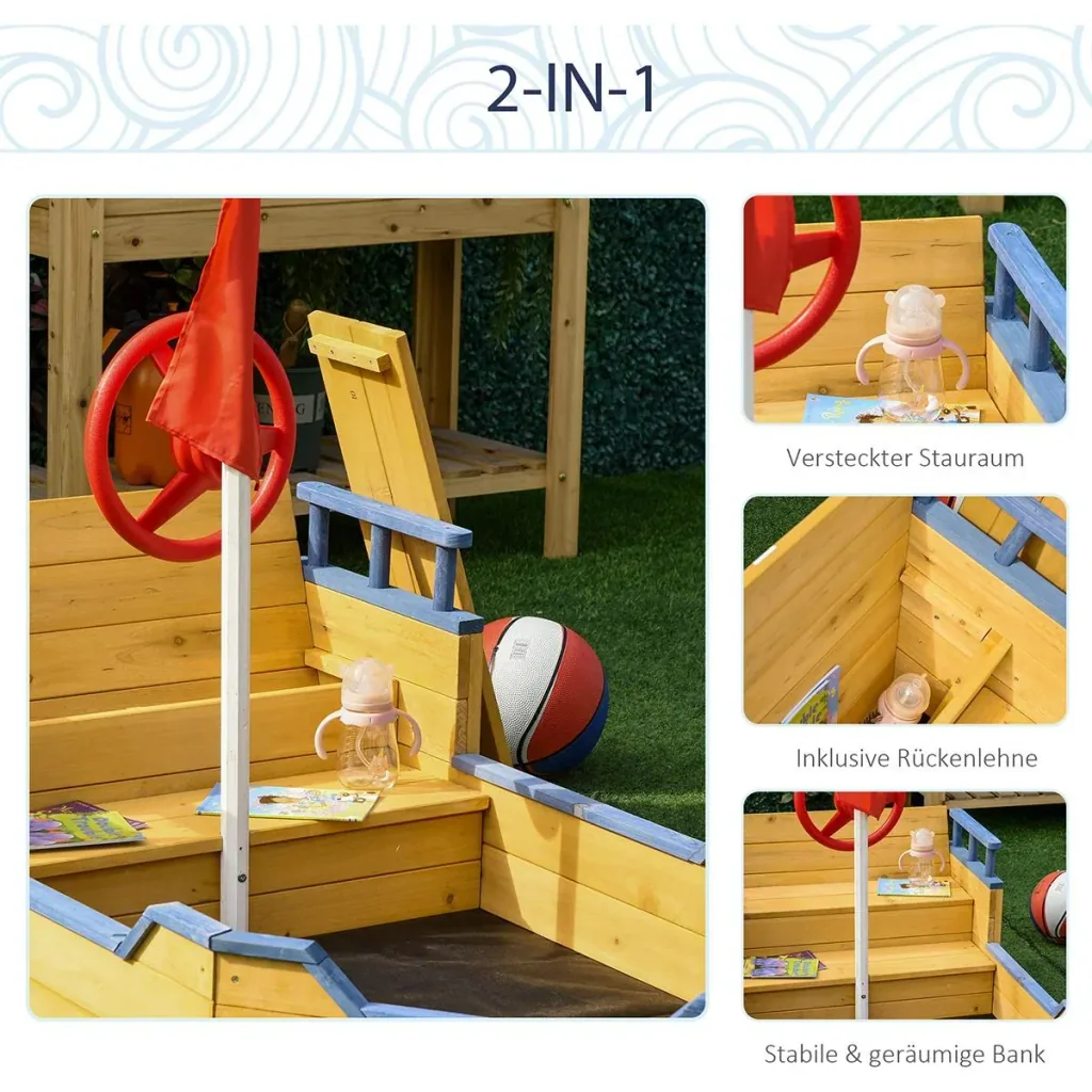 Holzspielboot für Kinder mit Sandkasten naur, blau