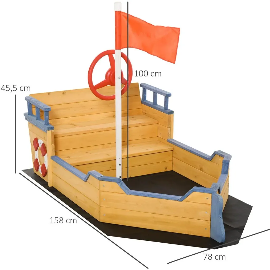 Holzspielboot für Kinder mit Sandkasten naur, blau