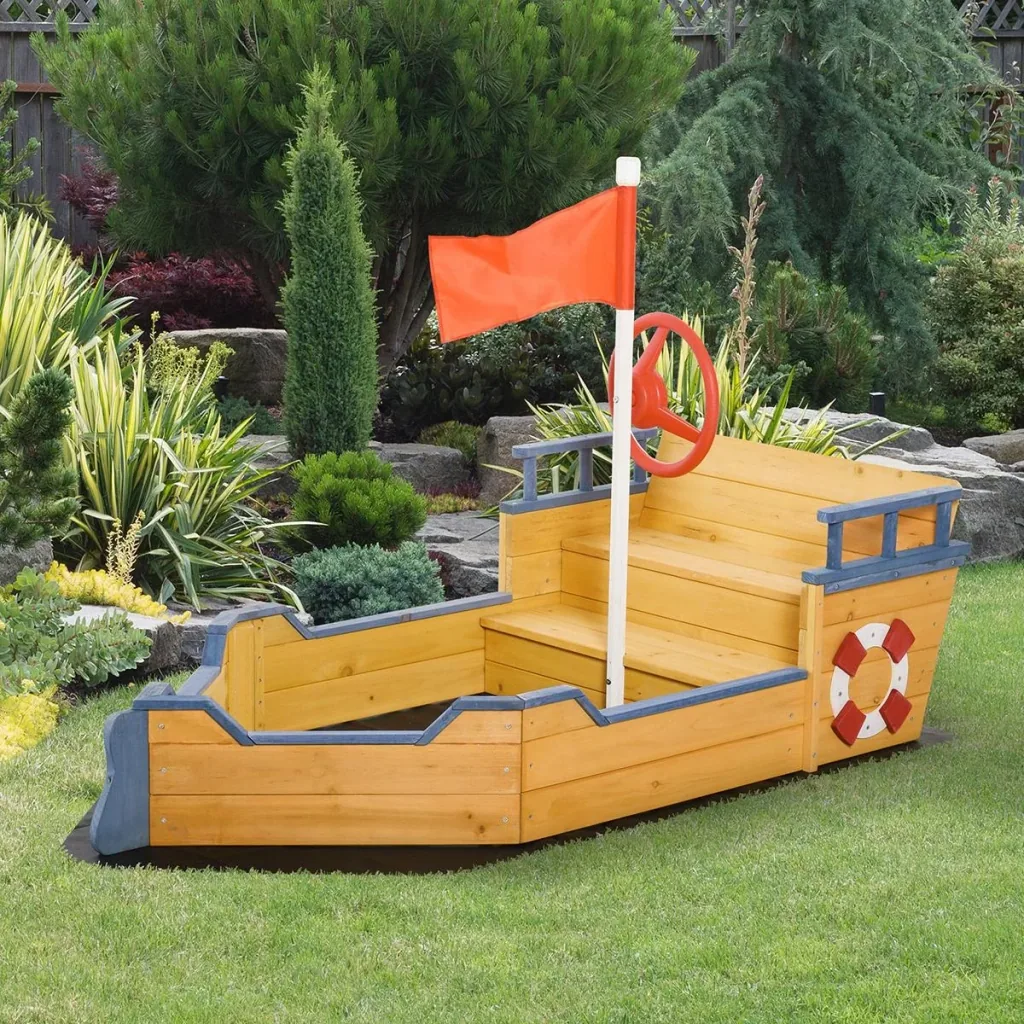 Holzspielboot für Kinder mit Sandkasten naur, blau