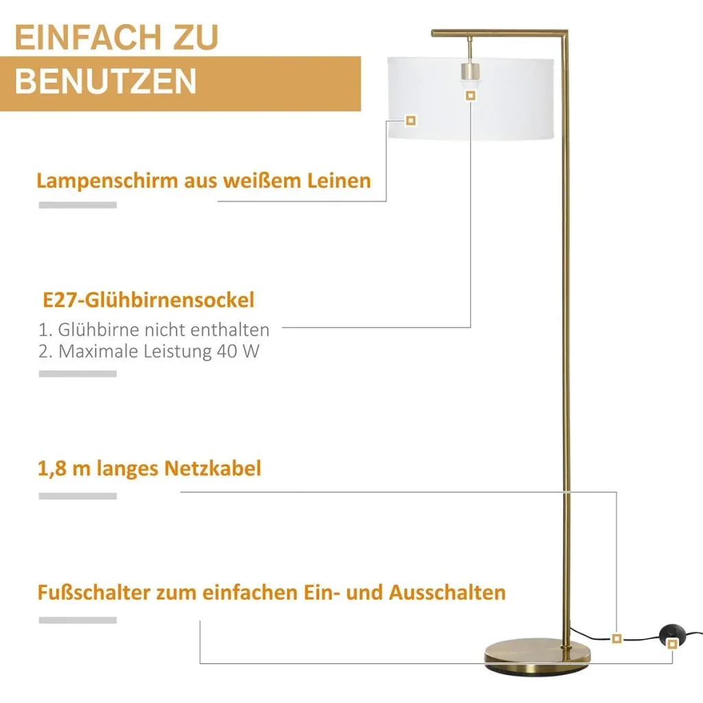 Stehlampe mit Leinenstoffschirm gold/weiß