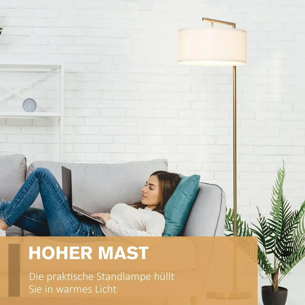 Stehlampe mit Leinenstoffschirm gold/weiß