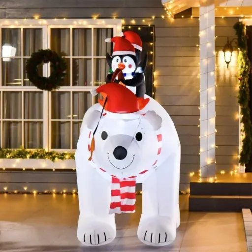 Aufblasbare Pinguine auf Eisbär 2,1 m Weihnachtsdekoration
