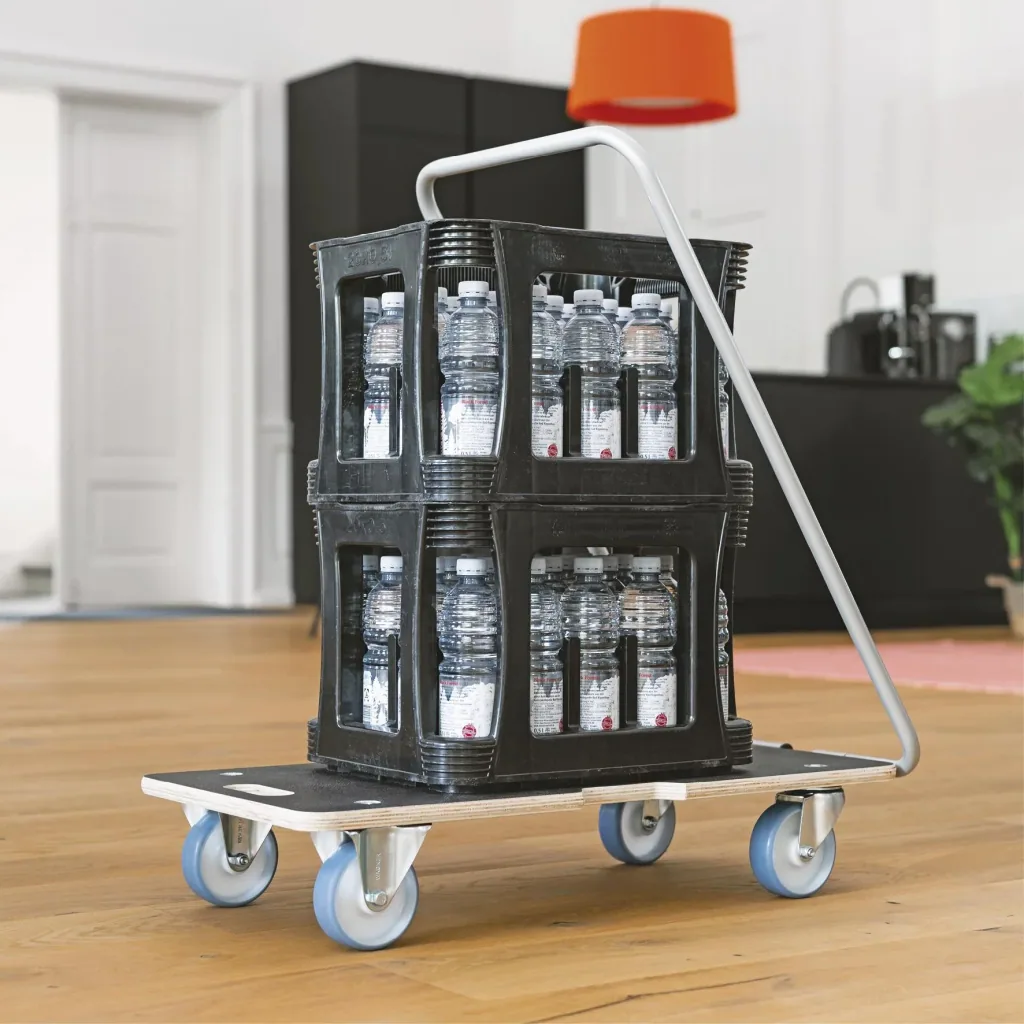 Transporthilfe MM 1345, 74 x 36,5 x 14,5 cm, softe Rollen Ø 100 mm Rollenlager, Bügel, Multiplex FSC®, Tragkraft 300 kg