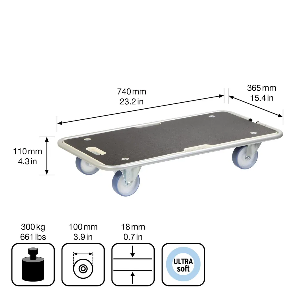 Transporthilfe MM 1345, 74 x 36,5 x 14,5 cm, softe Rollen Ø 100 mm Rollenlager, Bügel, Multiplex FSC®, Tragkraft 300 kg
