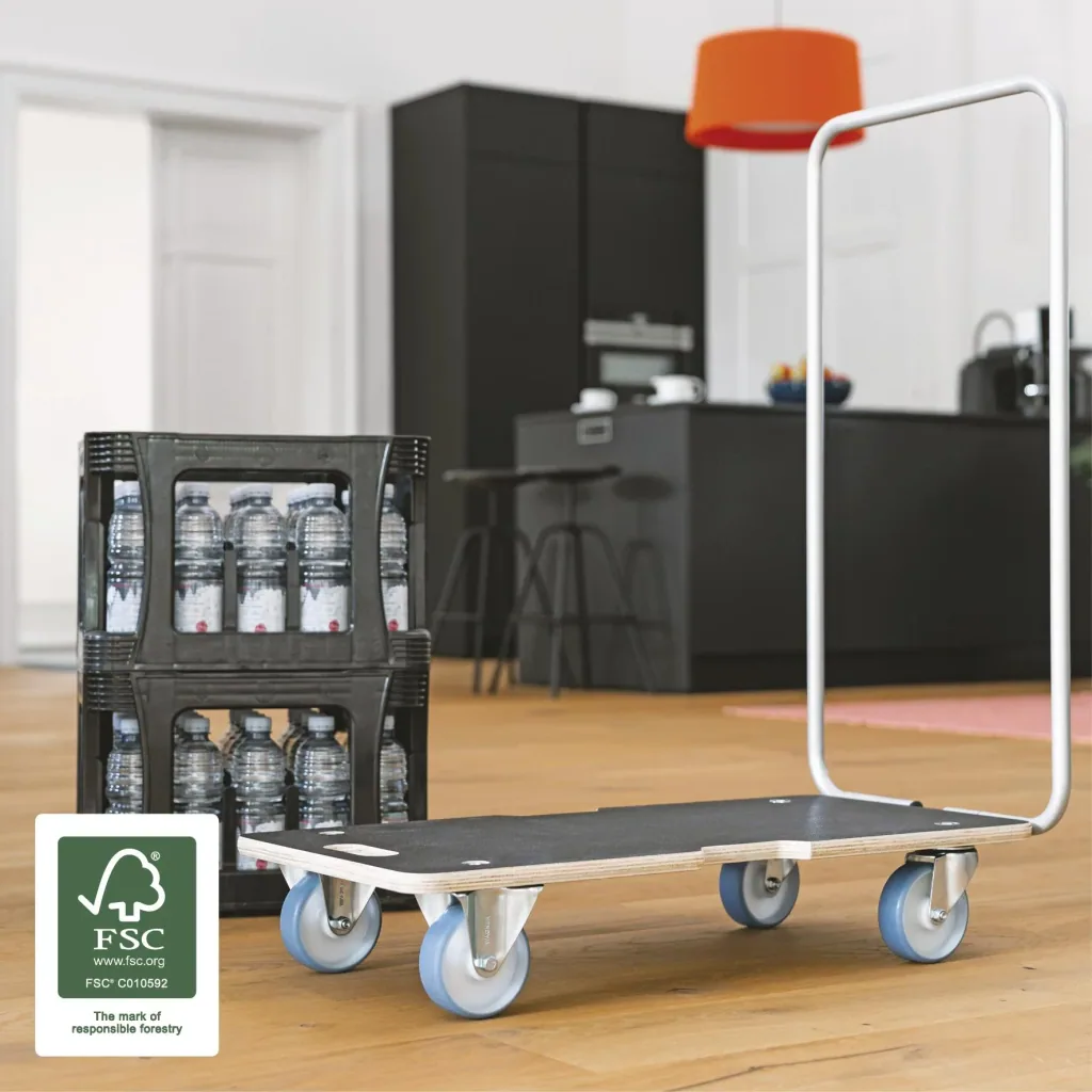 Transporthilfe MM 1345, 74 x 36,5 x 14,5 cm, softe Rollen Ø 100 mm Rollenlager, Bügel, Multiplex FSC®, Tragkraft 300 kg