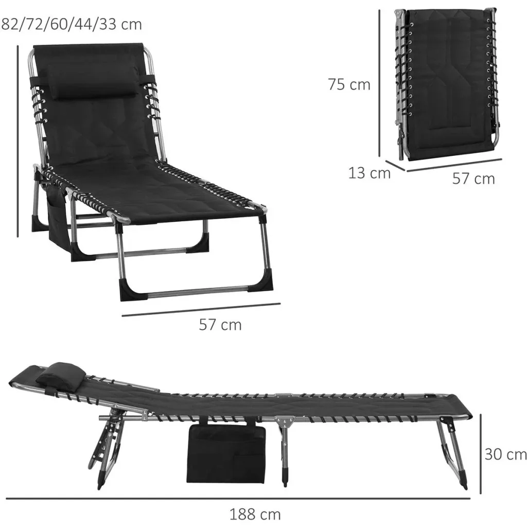 Sonnenliege klappbar - mit Kissen - verstellbar - Schwarz - 188 x 57 x 30 cm