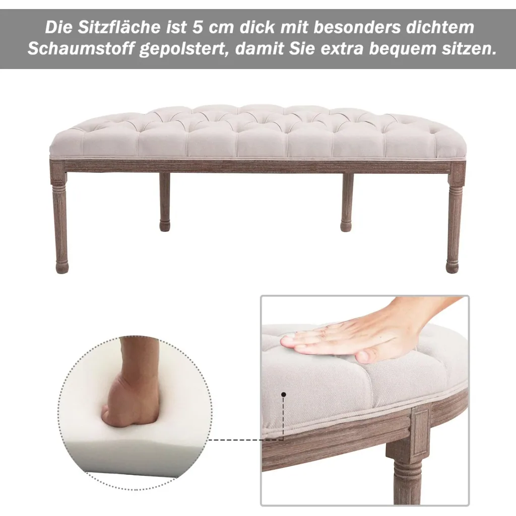 Polsterbank Sitzbank mit Knöpfen Leinen+Holz beige 140,5 x 51 x 48 cm