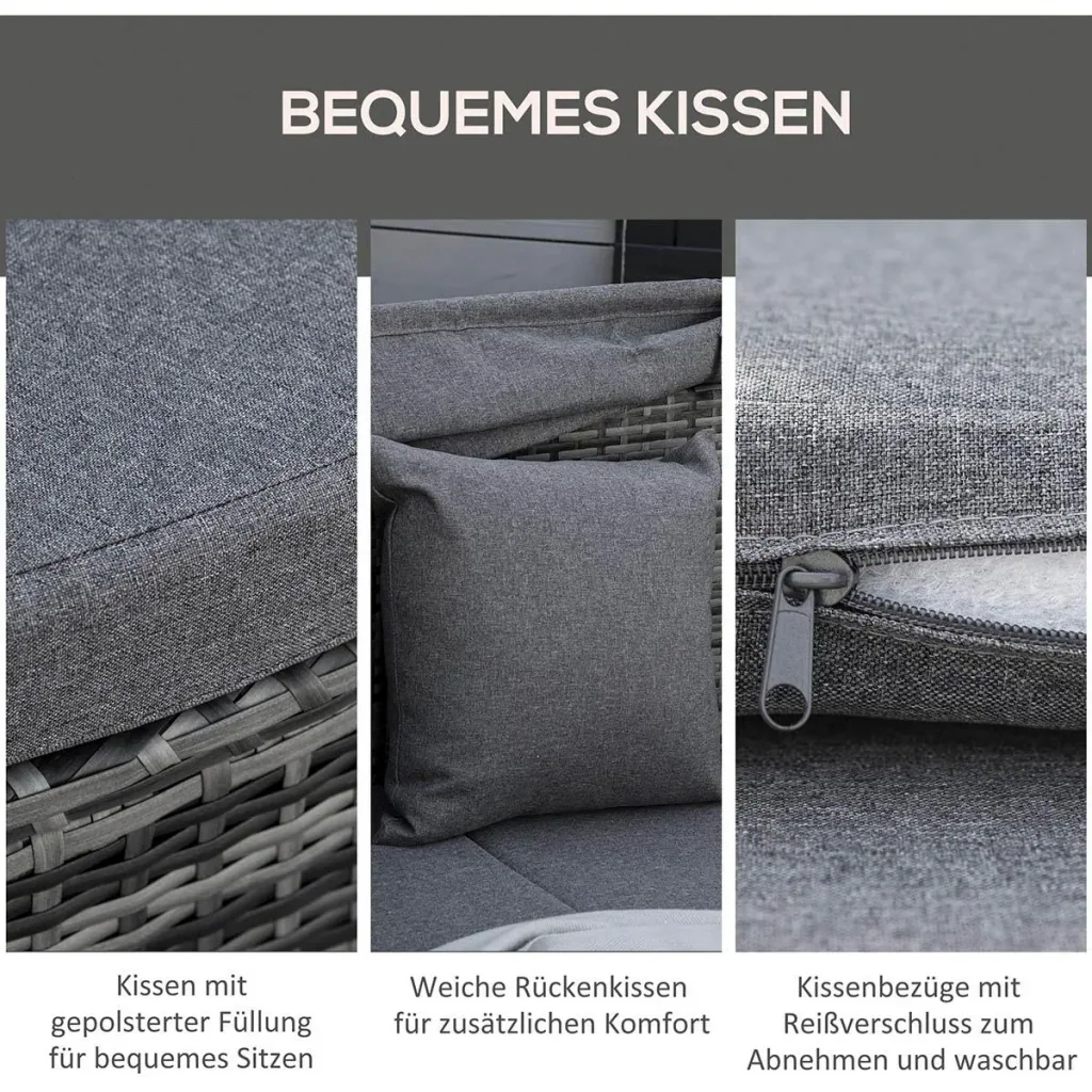 Rattan Sonneninsel 4-teilige Liegeinsel mit Sonnendach Sitzgruppe 4 Kissen Metall Grau 230 x 145 x 80 cm
