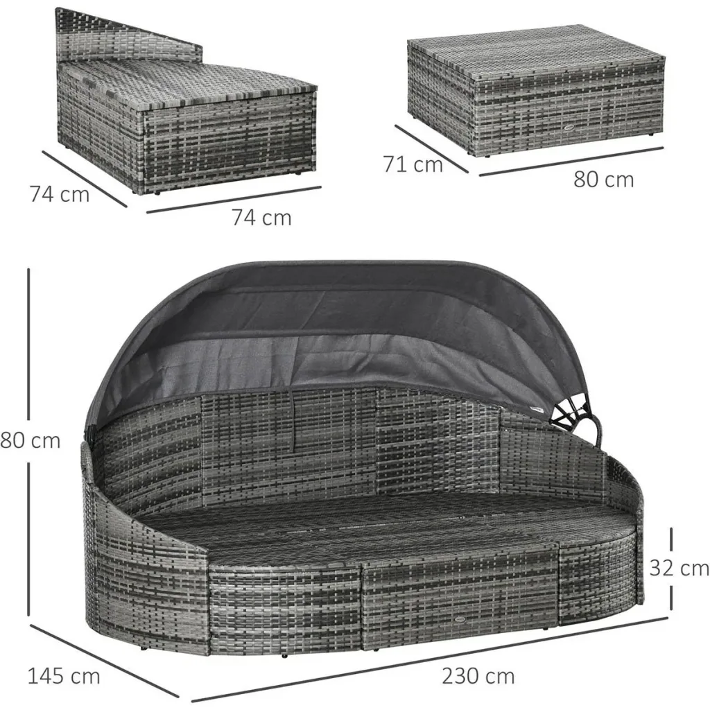 Rattan Sonneninsel 4-teilige Liegeinsel mit Sonnendach Sitzgruppe 4 Kissen Metall Grau 230 x 145 x 80 cm