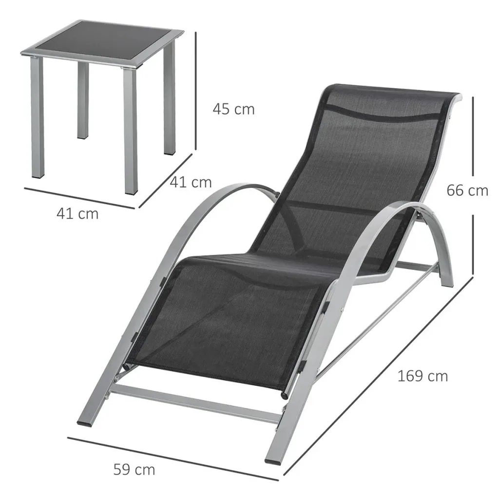 3-tlg. Gartenliege mit Tisch Gartengarnitur Gartensitzgruppe Gartentischset Metall Mesh Schwarz 2 x Sessel 1 x Tisch