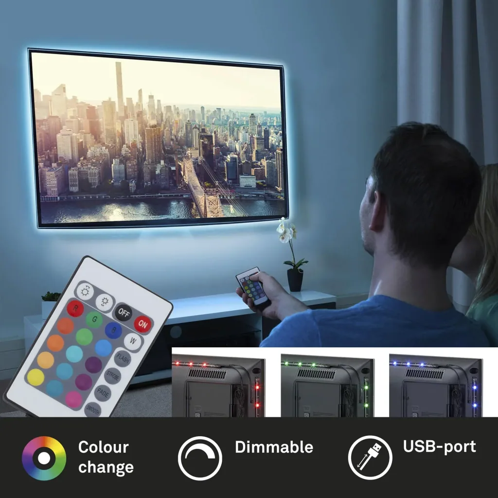 TV-LED Beleuchtungs-Set 2 m Farbwechsel, 48 RGB-LEDs, 3 x Verbinder und 3 x Verbindungskabel