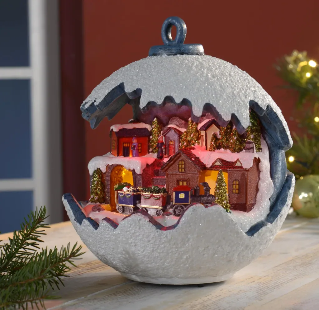 Weihnachtskugel mit fahrendem Zug, LED Licht und Musik