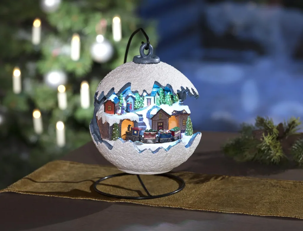 Weihnachtskugel mit fahrendem Zug, LED Licht und Musik