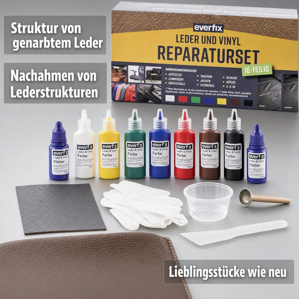 Leder & Vinyl Reparaturset (16-teilig) zur Reparatur von Leder und Kunstleder