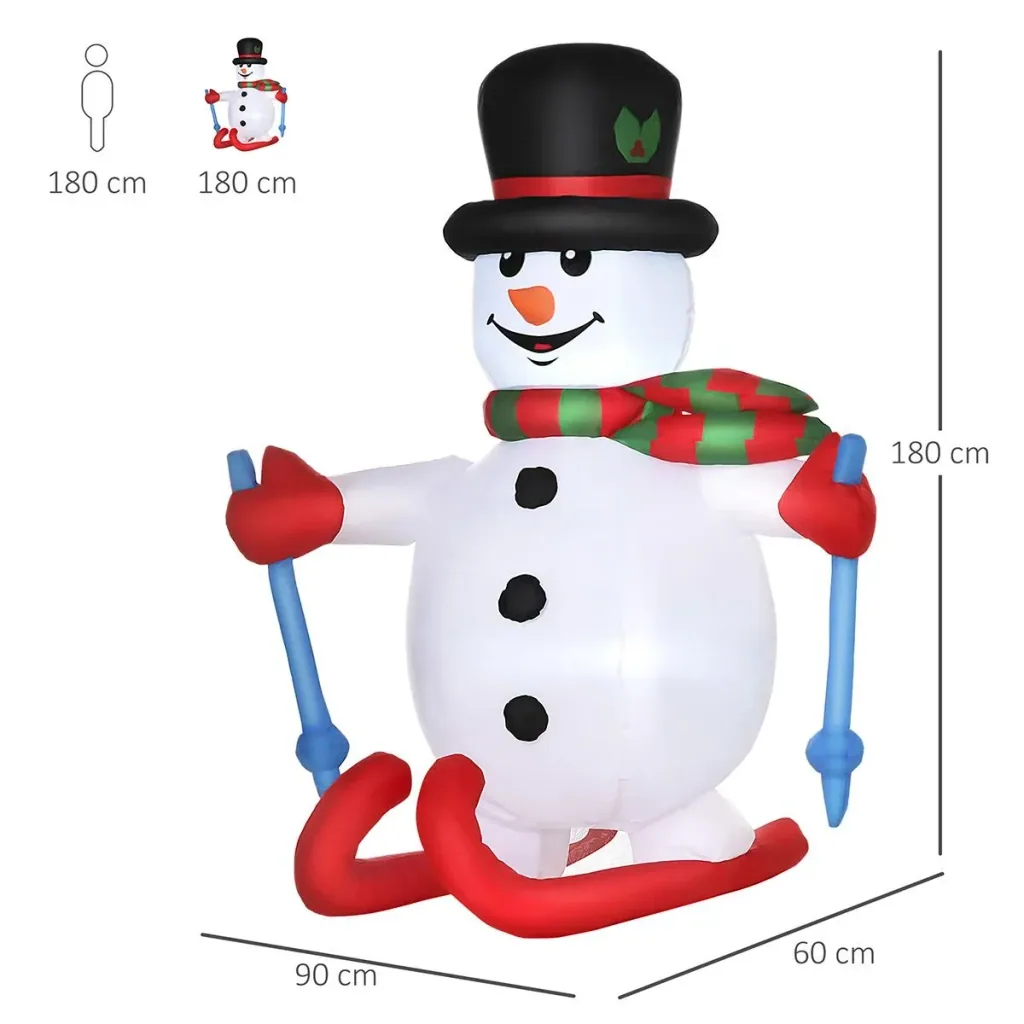 Aufblasbarer Skischneemann mit LED-Lichtern, Rasendekoration, Weihnachten, IP44, Weiß, 90 x 60 x 180
