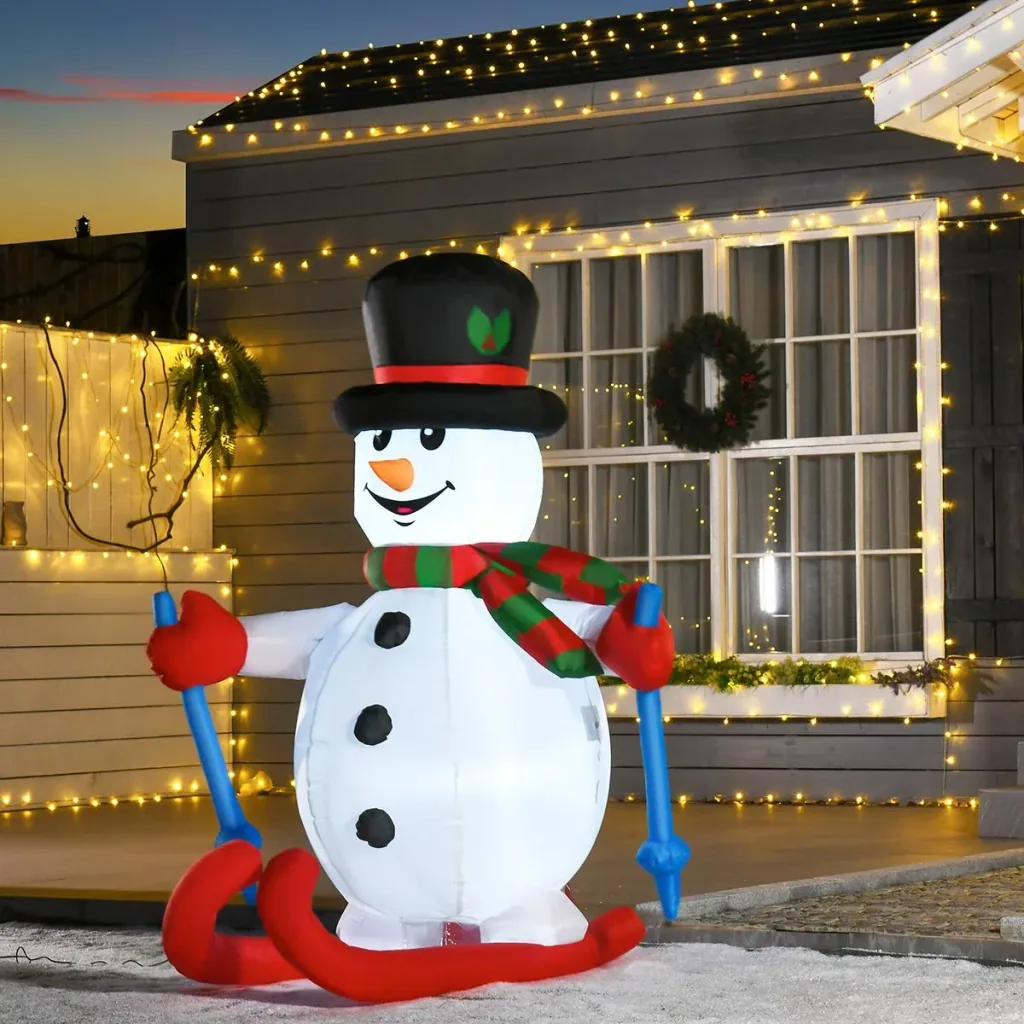 Aufblasbarer Skischneemann mit LED-Lichtern, Rasendekoration, Weihnachten, IP44, Weiß, 90 x 60 x 180