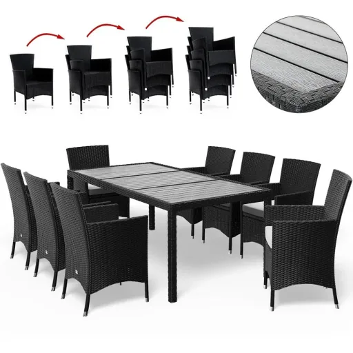 Gartenset Riga Polyrotan 17-teilig stapelbar schwarz