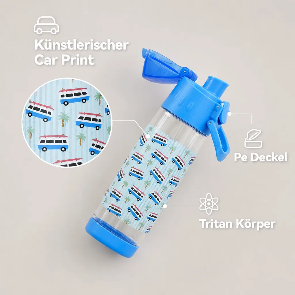 RICE Trinkflasche Kinder - Car Print - Blue, 500 ml, kunststoff