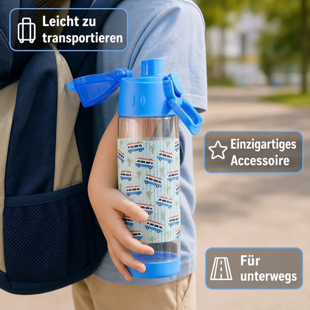 RICE Trinkflasche Kinder - Car Print - Blue, 500 ml, kunststoff