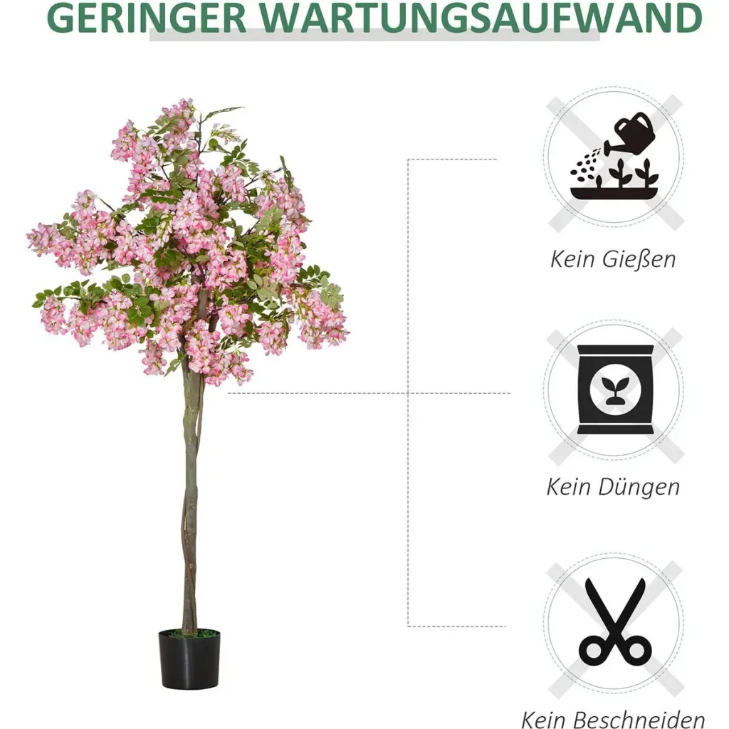 künstliche Pflanzen 150 cm künstlicher Schnurbaum mit rosa Blumen Kunstpflanze Zimmerpflanze Dekopflanze Büropflanze Kun