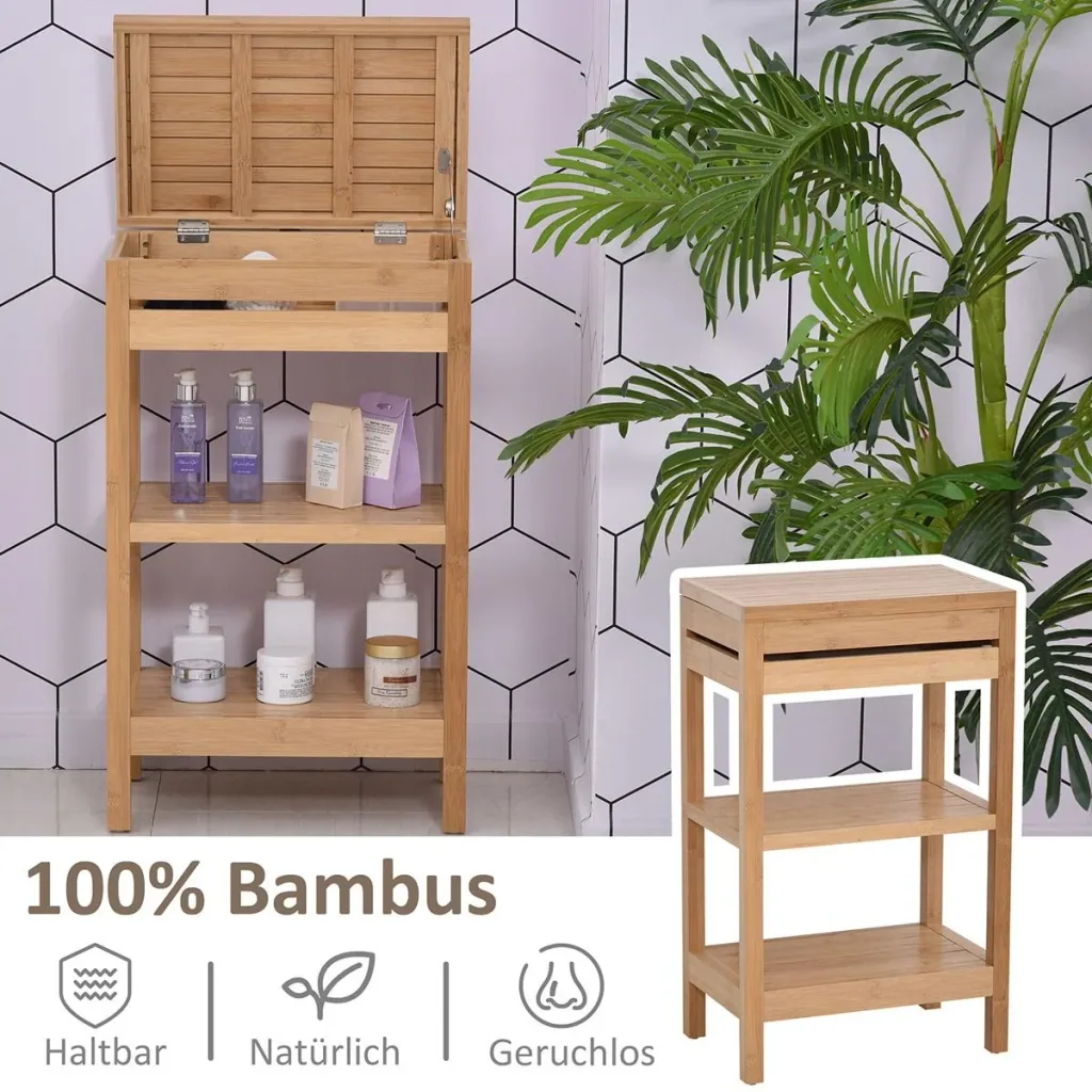 Badregal, Badzimmerregal mit Klappdeckel, Badezimmer Standregal mit 2 Ablagen, Bambus, Natur, 46 x 29,5 x 76,5 cm