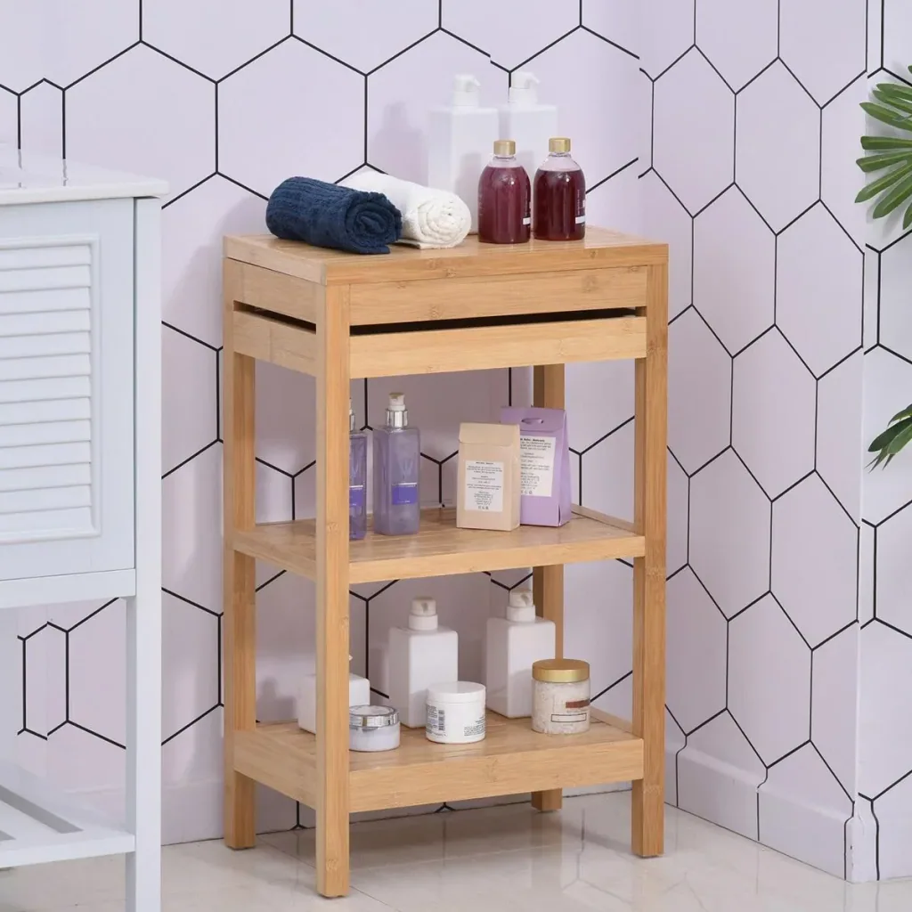 Badregal, Badzimmerregal mit Klappdeckel, Badezimmer Standregal mit 2 Ablagen, Bambus, Natur, 46 x 29,5 x 76,5 cm