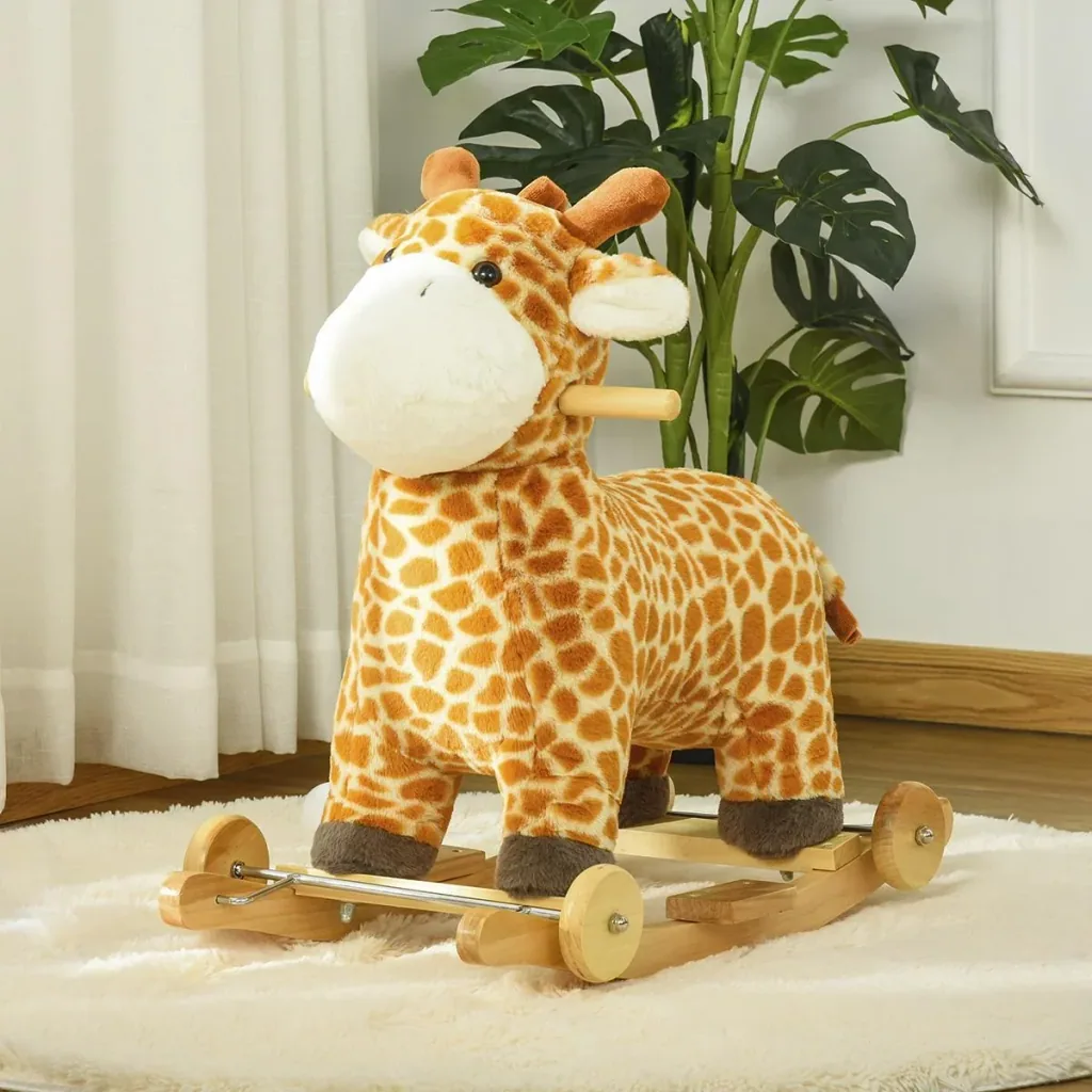 2-IN-1 Schaukelpferd mit Räder Plüsch Schaukeltier Babyschaukel Spielzeug für 36-72 Monaten Giraffen-Design Gelb 63 x 38