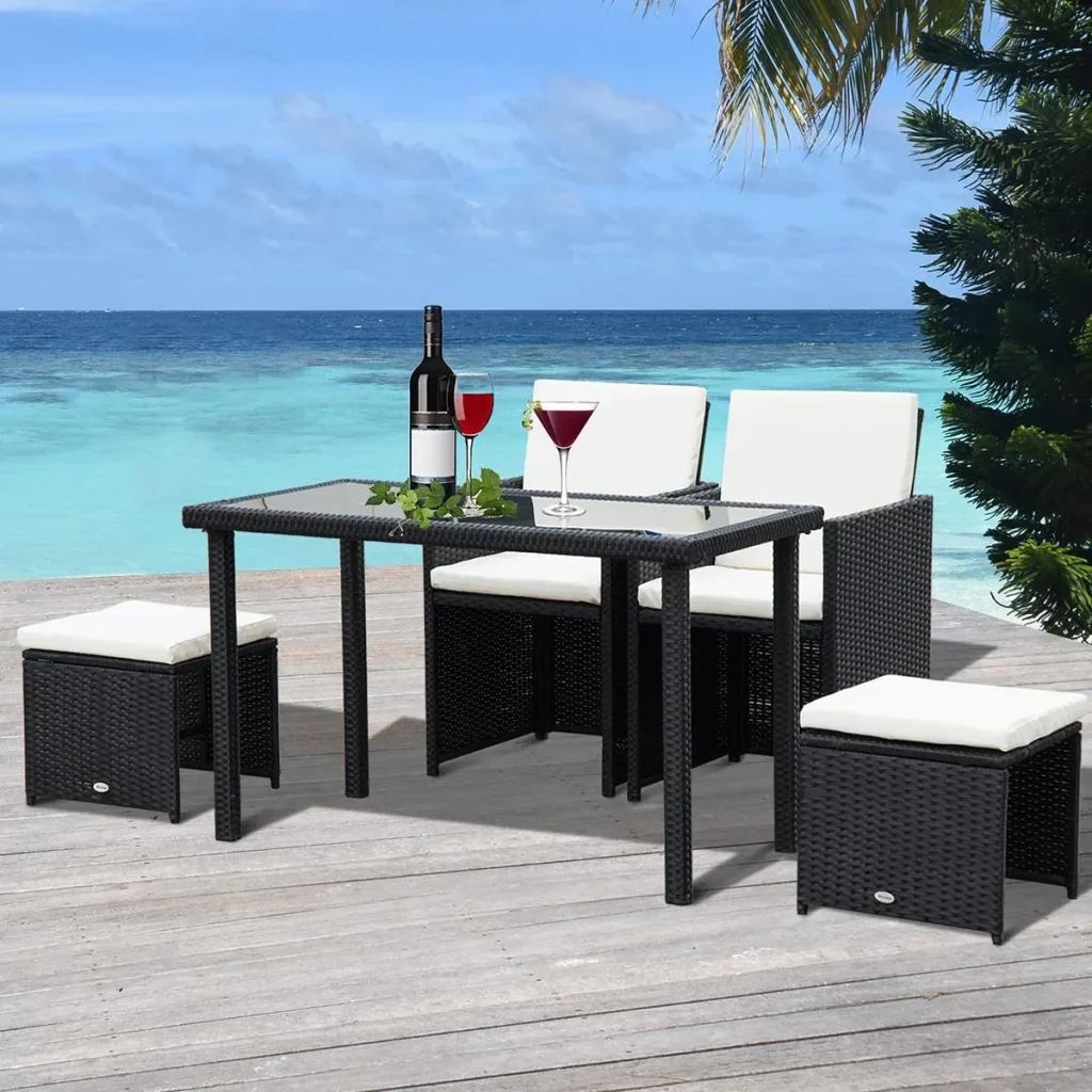 Polyrattan Sitzgruppe als 11-teiliges Set schwarz/cremeweiß