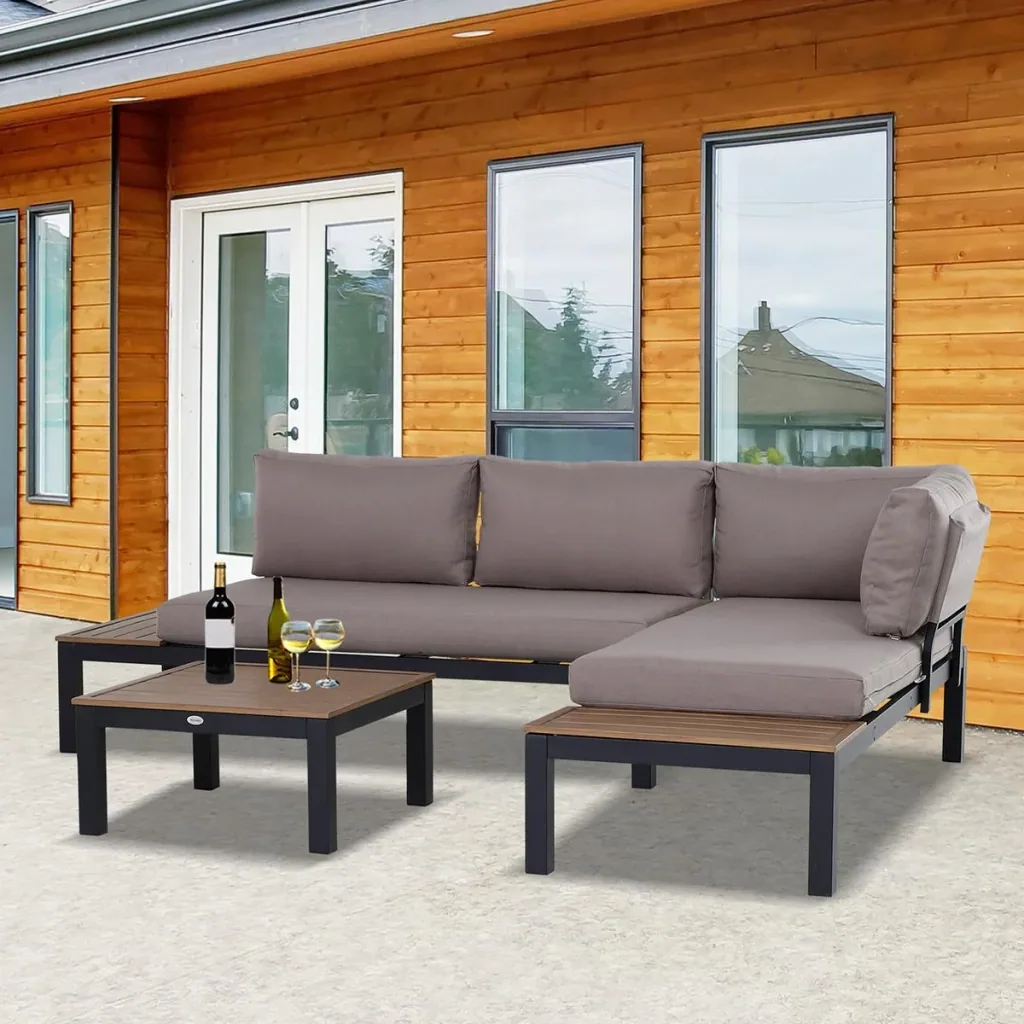 3-teiliges Gartenmöbel-Set mit Beistelltisch, Sofa mit Kissen, Outdoor, Aluminium, 164 x 74 x 69 cm